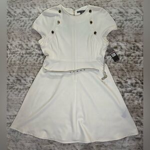 Sharagano Dress Womens Sz 12 Ivory Belt Knee Length A Lane Back Zipper 20”